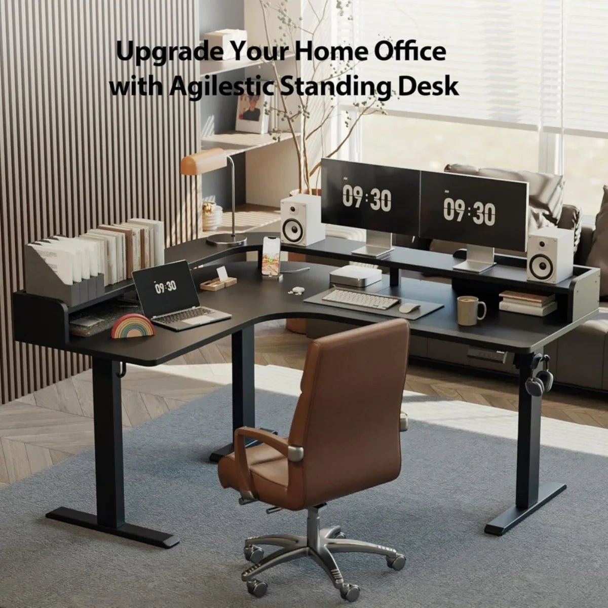 63" L - Shaped Electric Standing Desk with Monitor Shelf & Adjustable Height - Savira Desk - 