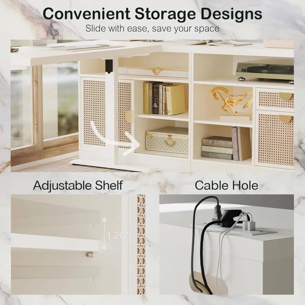 67" L - Shaped Standing Desk with Dual Storage Cabinets, AC/USB Ports & Height Adjustment - Savira Desk - 