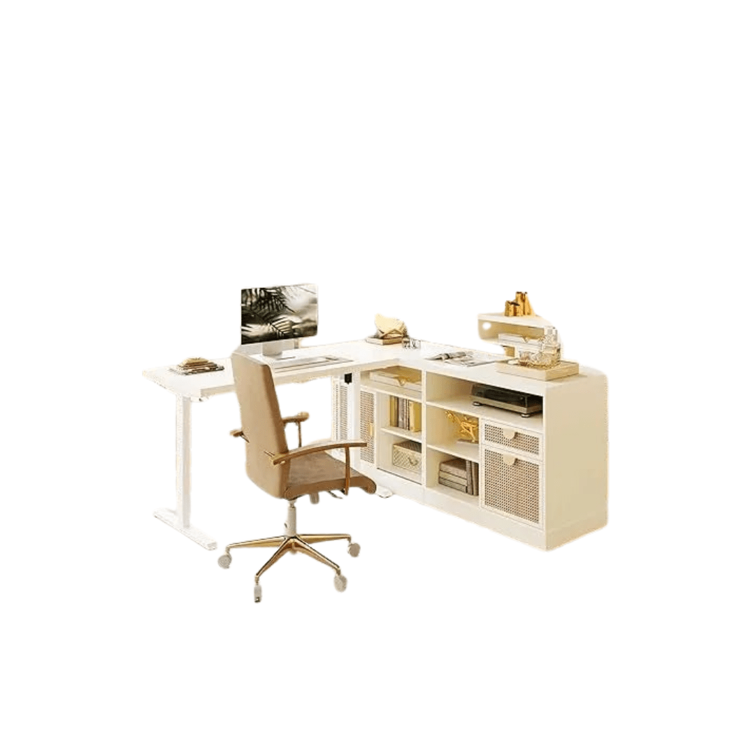 67" L - Shaped Standing Desk with Dual Storage Cabinets, AC/USB Ports & Height Adjustment - Savira Desk - 