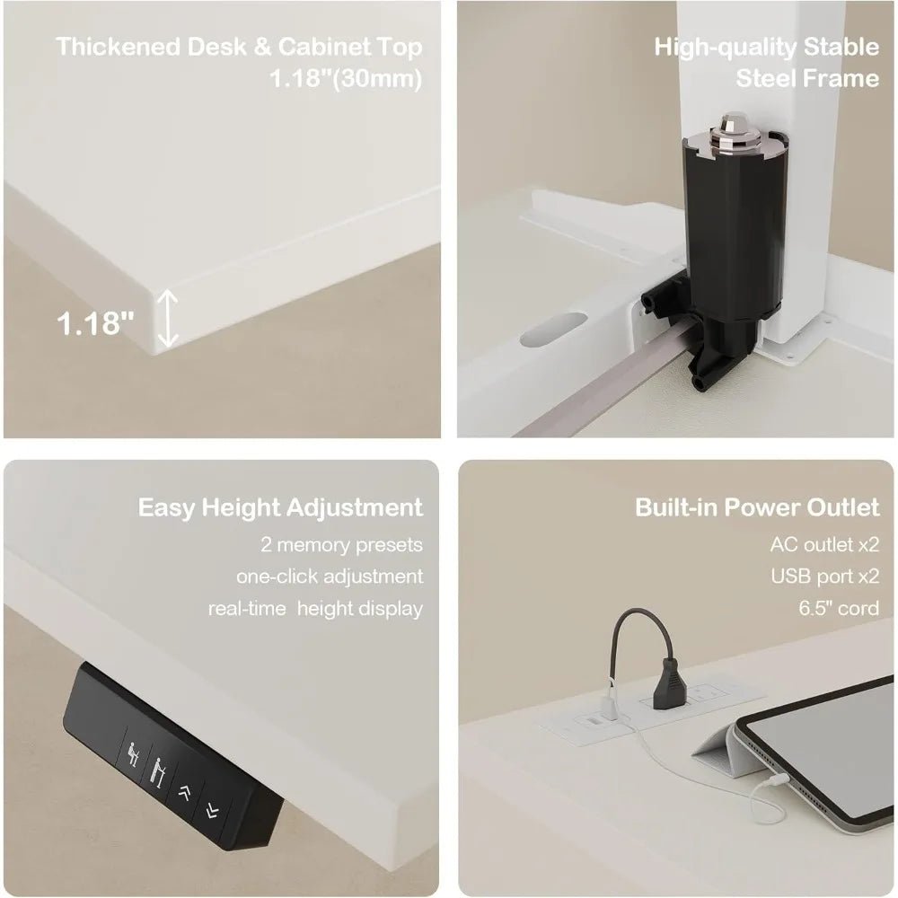 67" L - Shaped Standing Desk with Dual Storage Cabinets, AC/USB Ports & Height Adjustment - Savira Desk - 