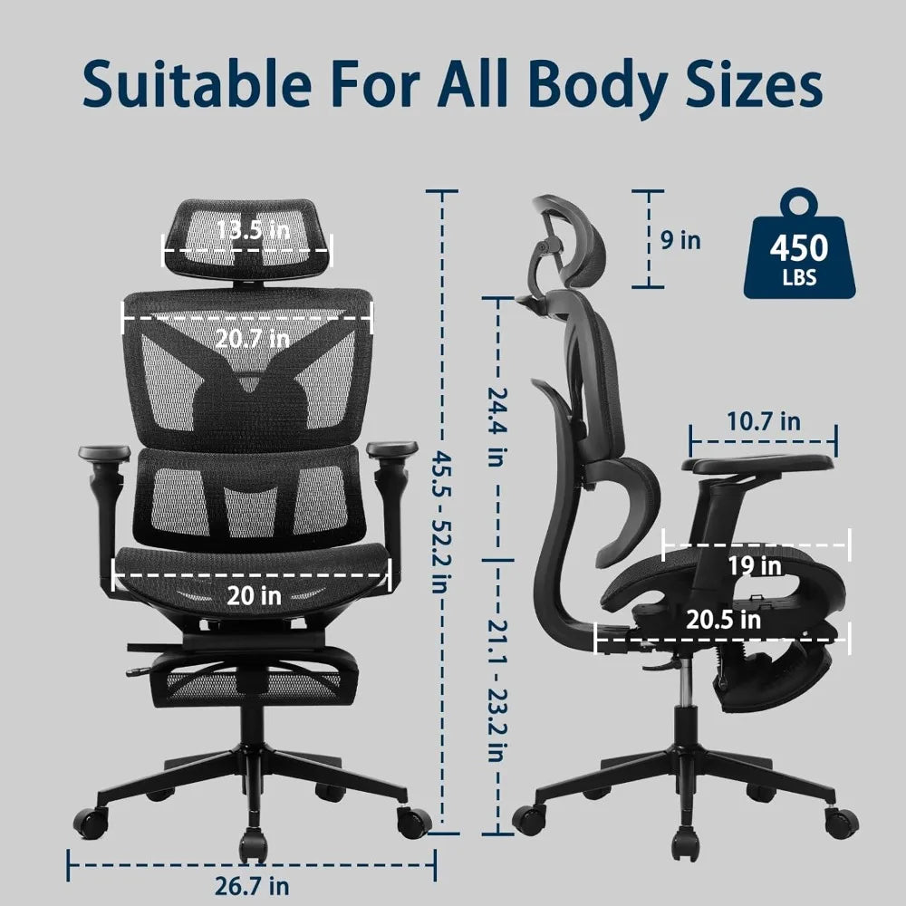 Adjustable Ergonomic Office Chair with Footrest – Mesh Comfort and 5D Armrests