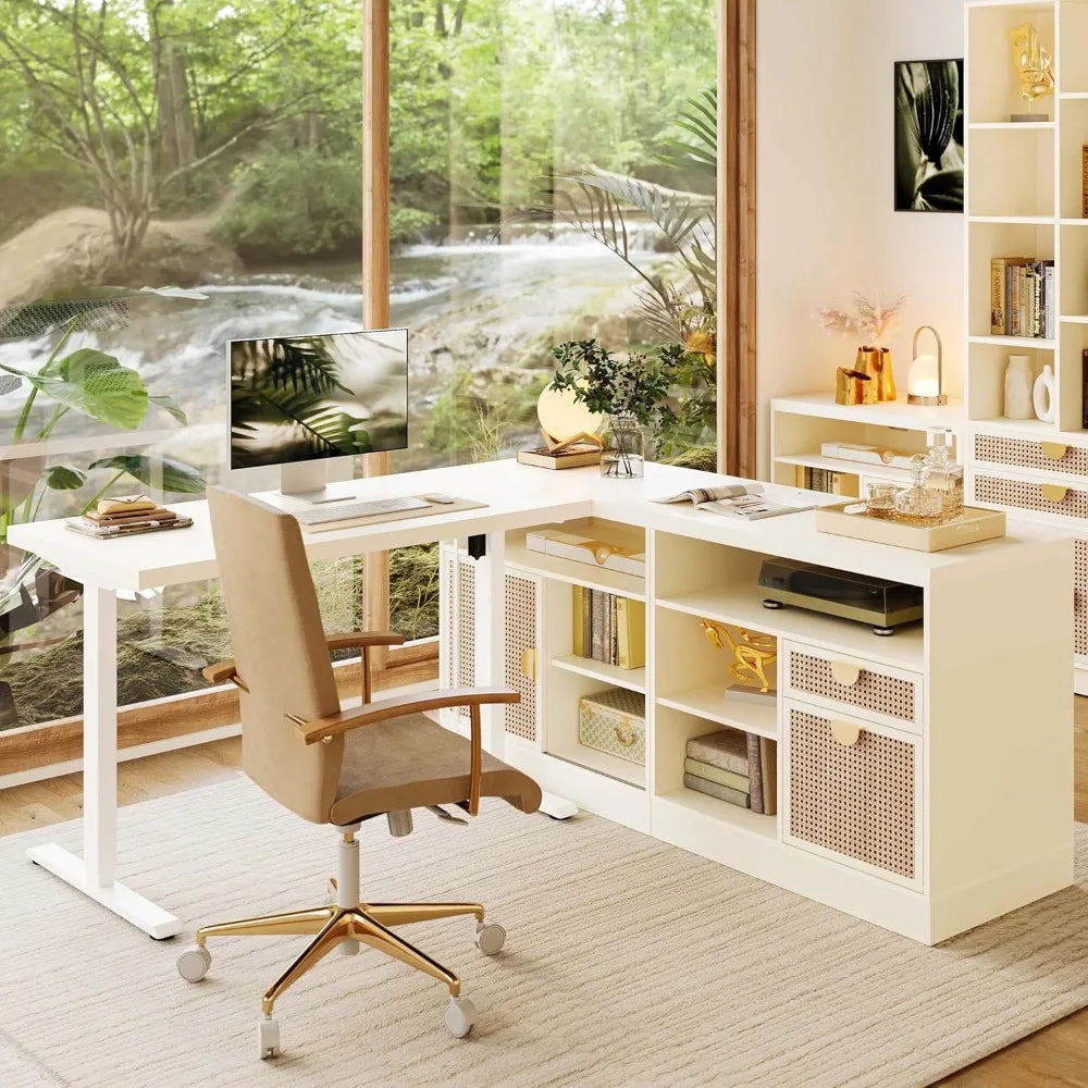 67" L-Shaped Standing Desk with Dual Storage Cabinets, AC/USB Ports & Height Adjustment