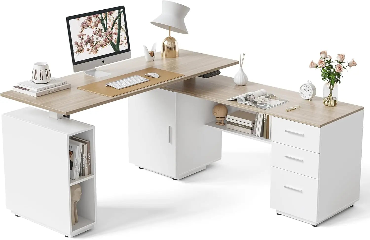 63" L-Shaped Executive Standing Desk with File Cabinet & Adjustable Height