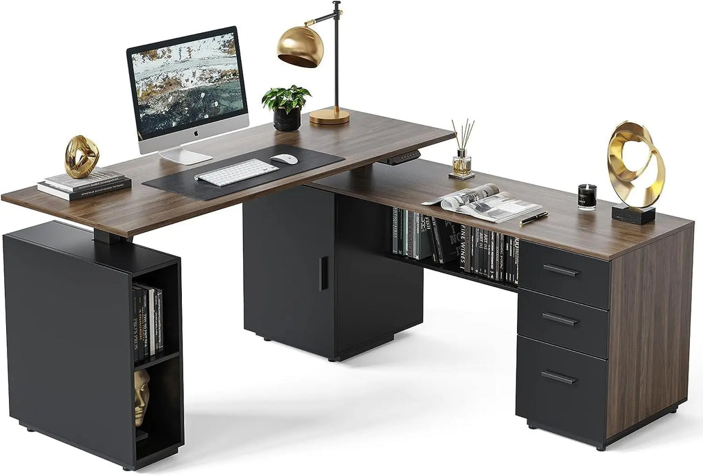 63" L-Shaped Executive Standing Desk with File Cabinet & Adjustable Height
