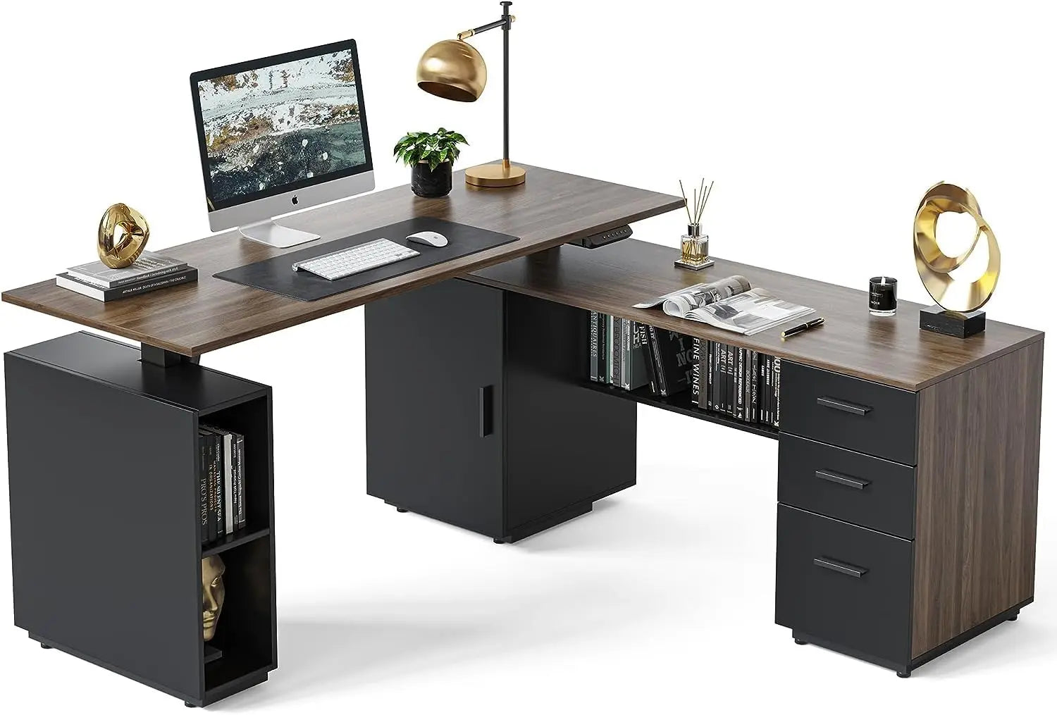 63" L-Shaped Executive Standing Desk with File Cabinet & Adjustable Height