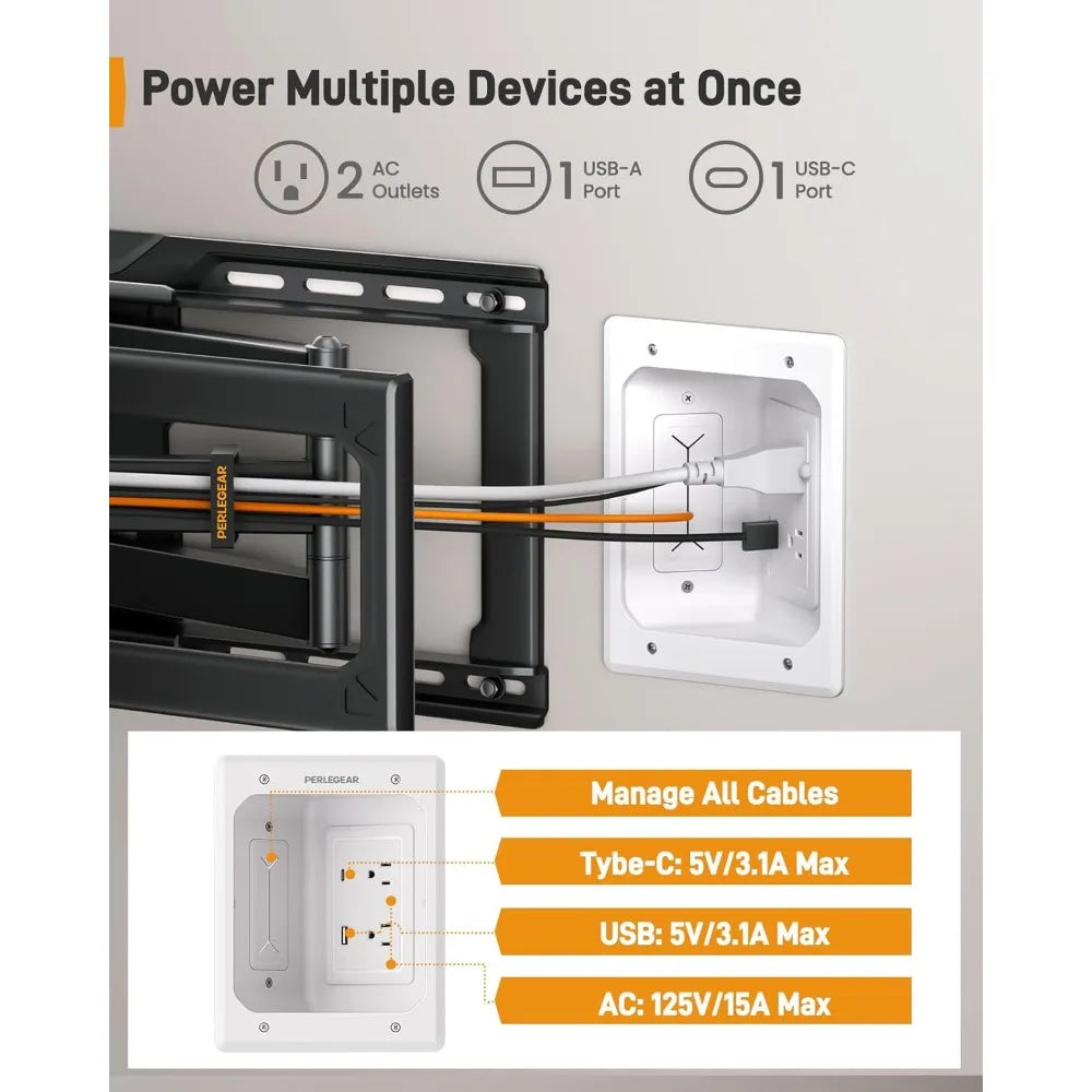 Cord Hider for Wall Mount TV with AC Outlets, USB-A, and USB-C | In-Wall Cable Management Kit