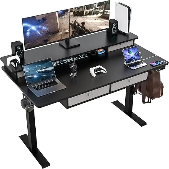 55x30 Inch Electric Standing Desk with 4 Drawers & Dual Storage Shelves
