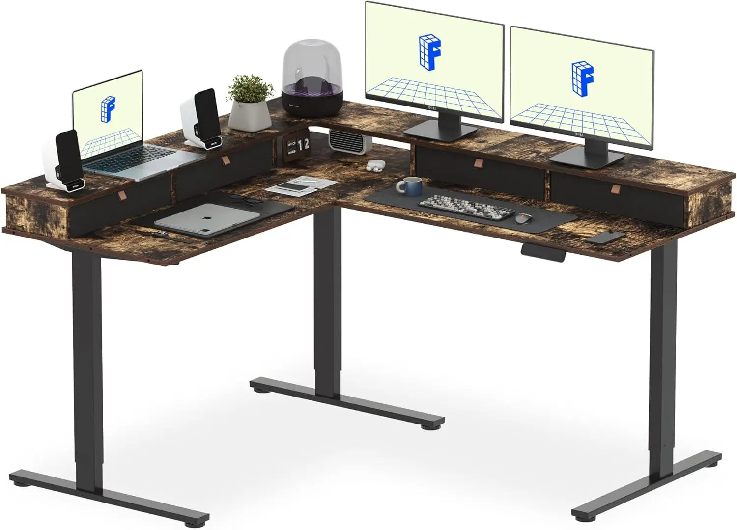 63" L-Shaped Electric Standing Desk with 4 Drawers, Shelf & Adjustable Height