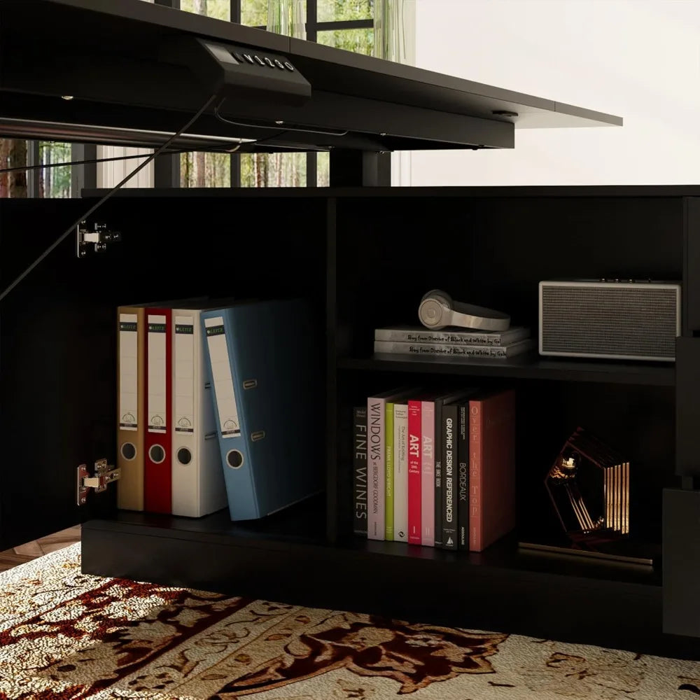 Home Office Electric Standing Desk with Drawers & Shelves, Adjustable Height, Reversible Shape