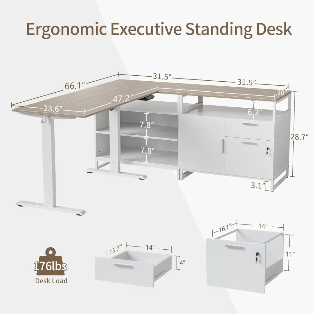Executive Standing Desk, L Shaped Standing Desk with Storage, Executive Desk Height Adjustable