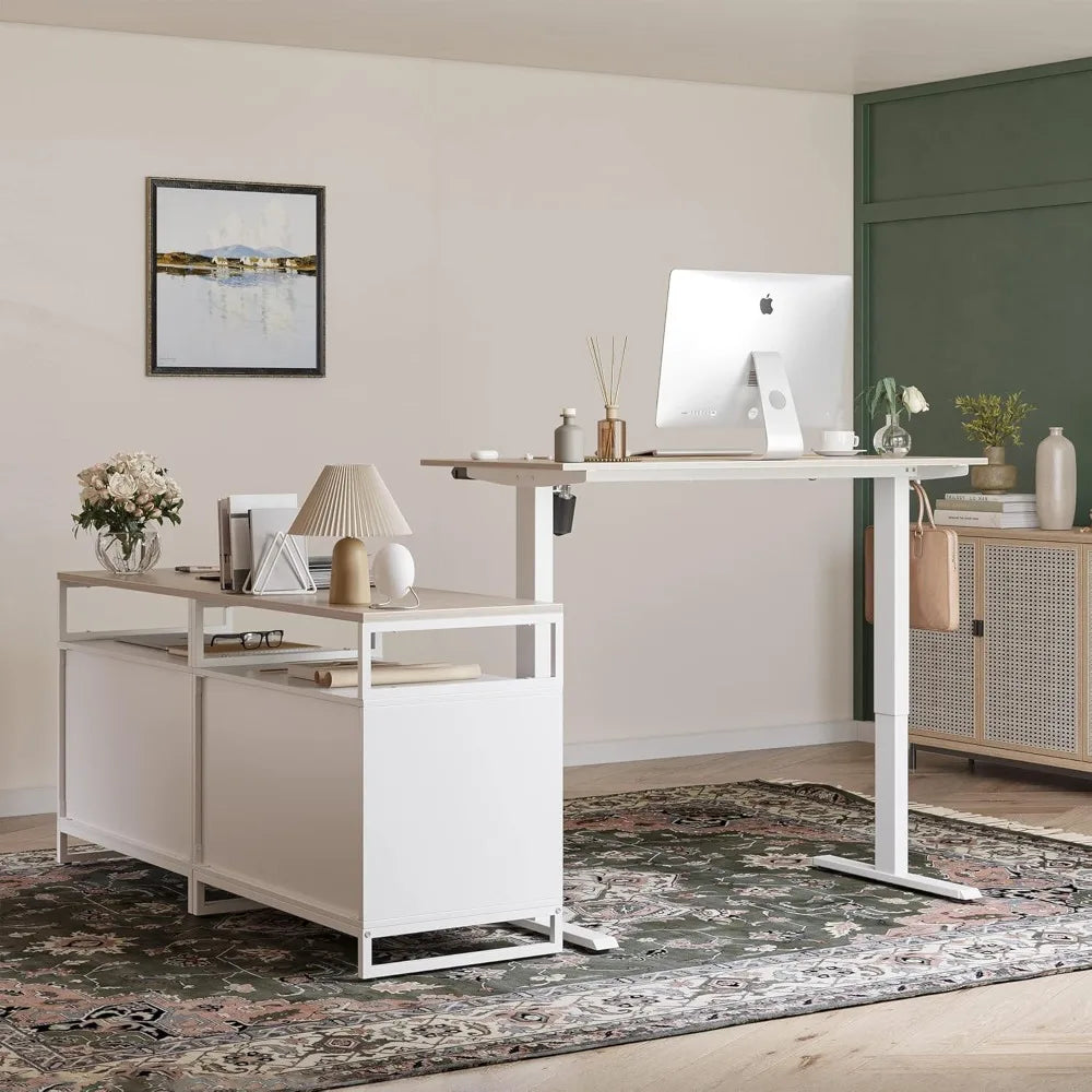 Electric L-Shaped Standing Desk with Storage, Adjustable Executive Desk in Walnut Finishes