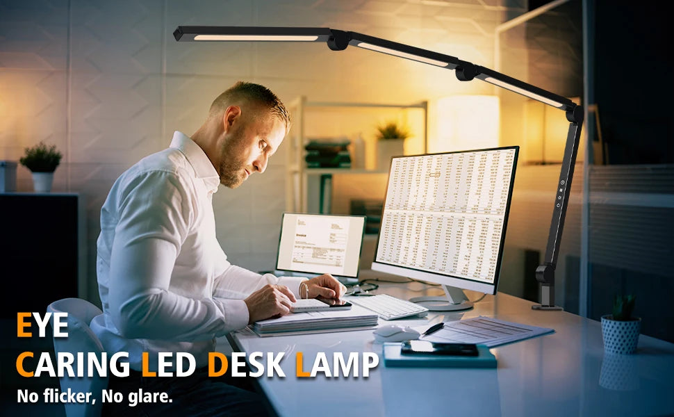 LED Desk Lamp with Clamp – Flexible Arm, 3 Light Sources, 4 Color Modes, Dimmable & Eye-Friendly