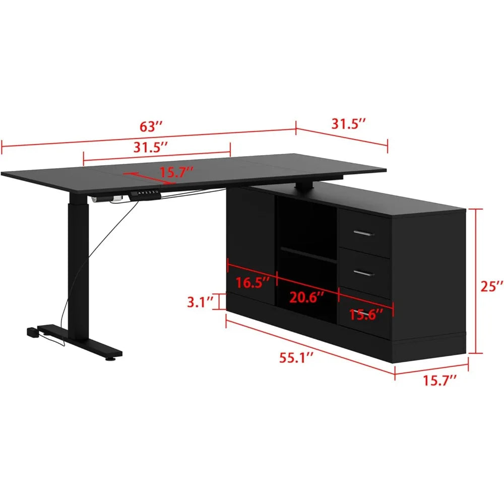 Home Office Electric Standing Desk with Drawers & Shelves, Adjustable Height, Reversible Shape