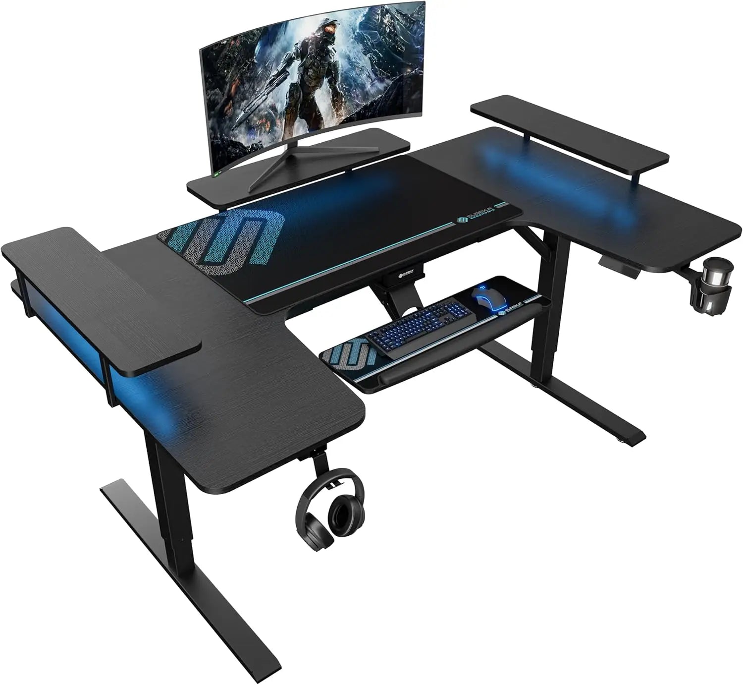 U-Shaped 74-Inch Electric Standing Desk with Keyboard Tray & Dual Monitor Setup