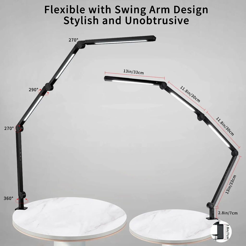 LED Desk Lamp with Clamp – 4-Section Swing Arm, 3 Light Sources, 4 Color Modes, Touch Control