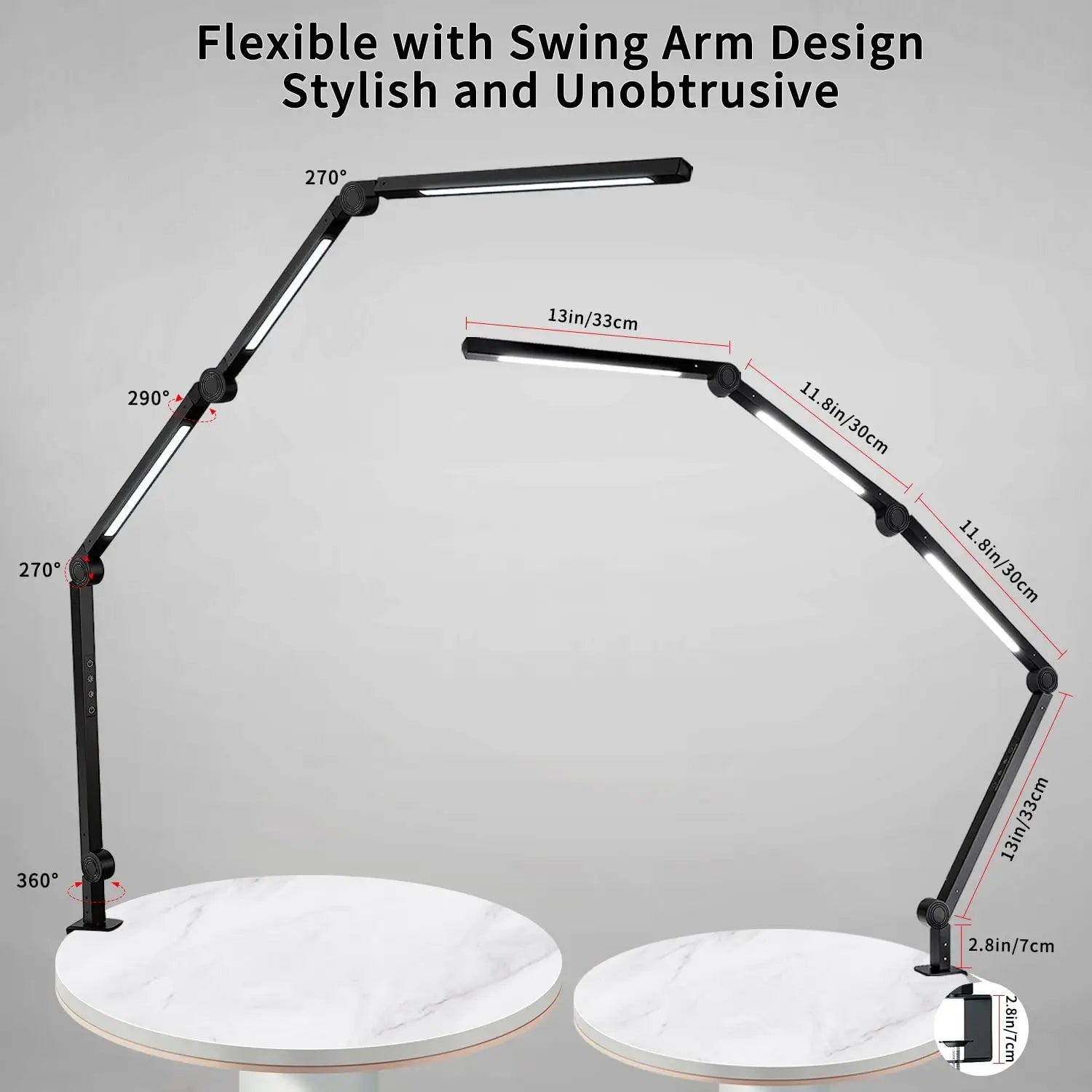 LED Desk Lamp with Clamp – 4-Section Swing Arm, 3 Light Sources, 4 Color Modes, Touch Control