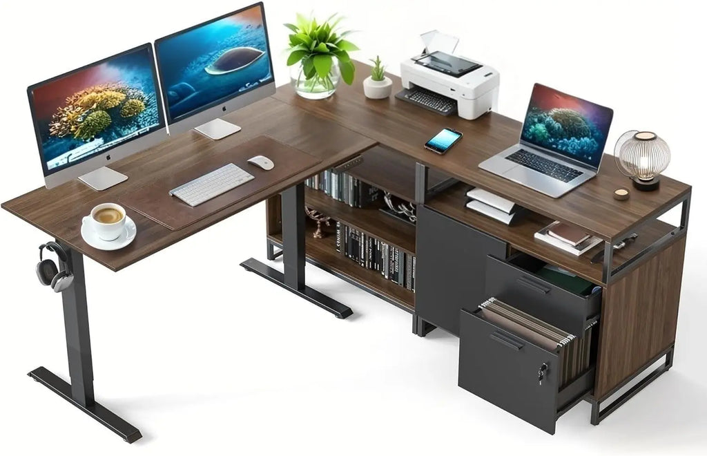 Electric L-Shaped Standing Desk with Storage, Adjustable Executive Desk in Walnut Finishes