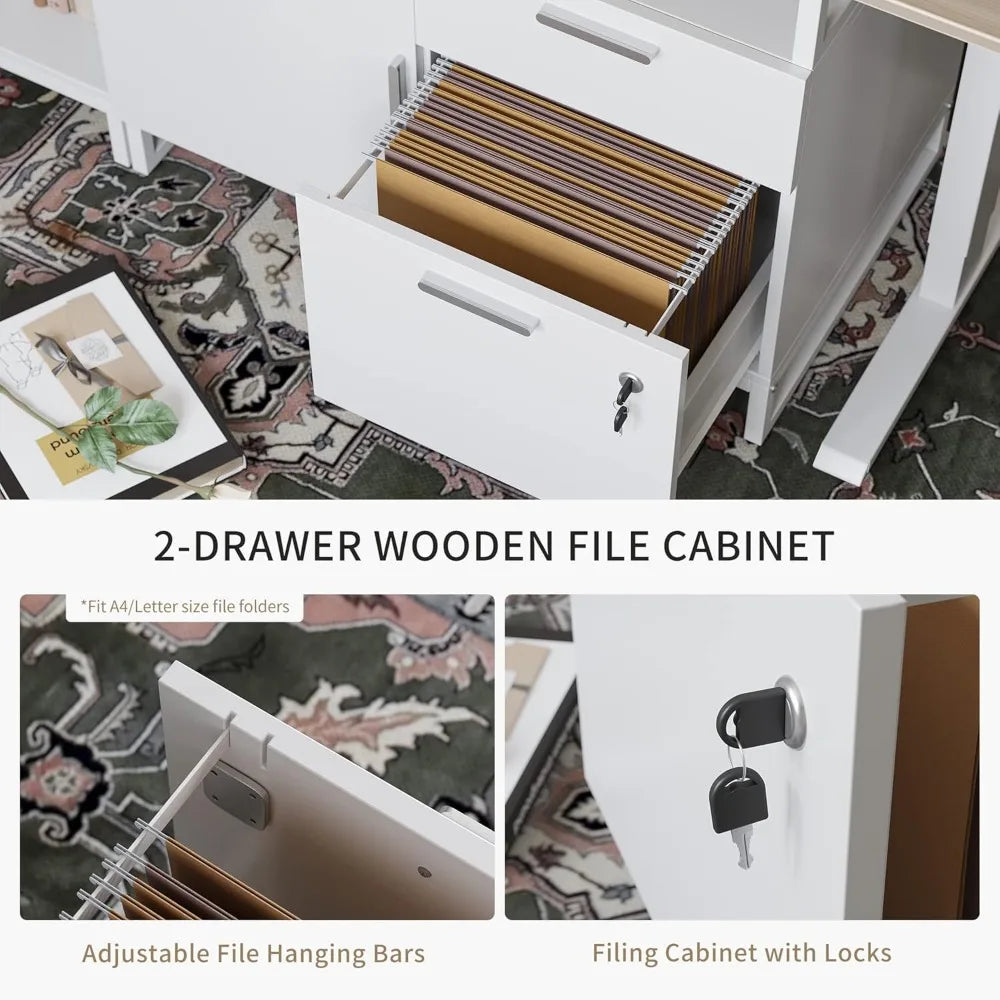 Electric L-Shaped Standing Desk with Storage, Adjustable Executive Desk in Walnut Finishes