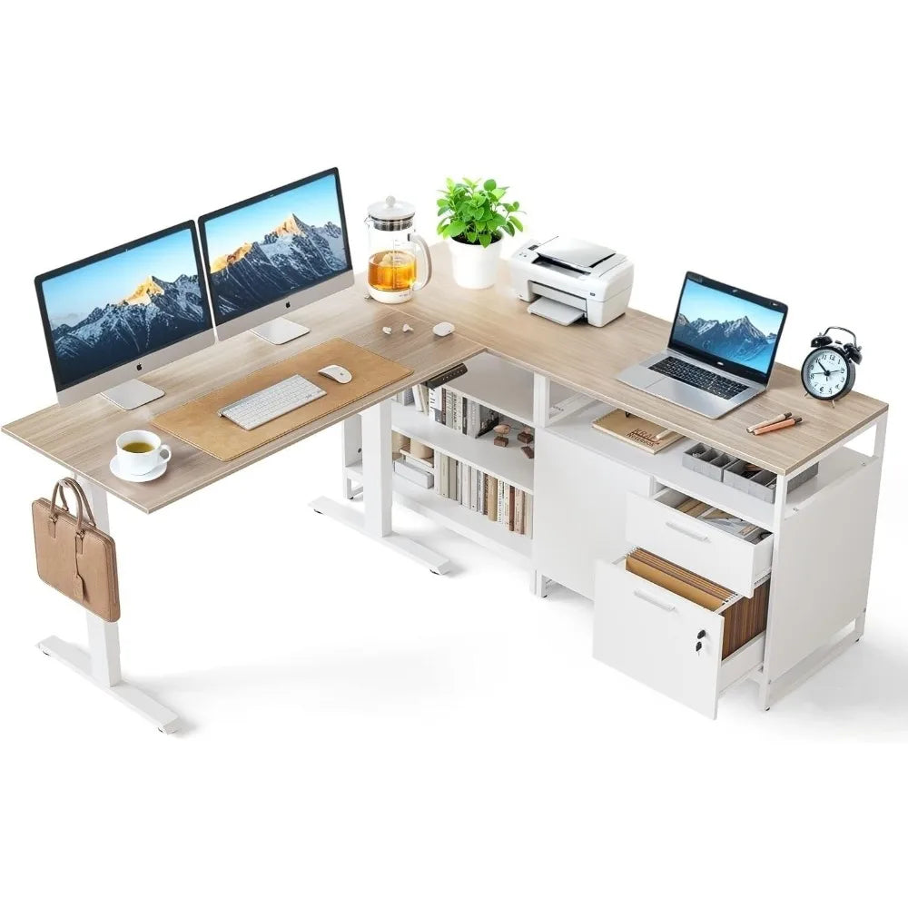 Electric L-Shaped Standing Desk with Storage, Adjustable Executive Desk in Walnut Finishes
