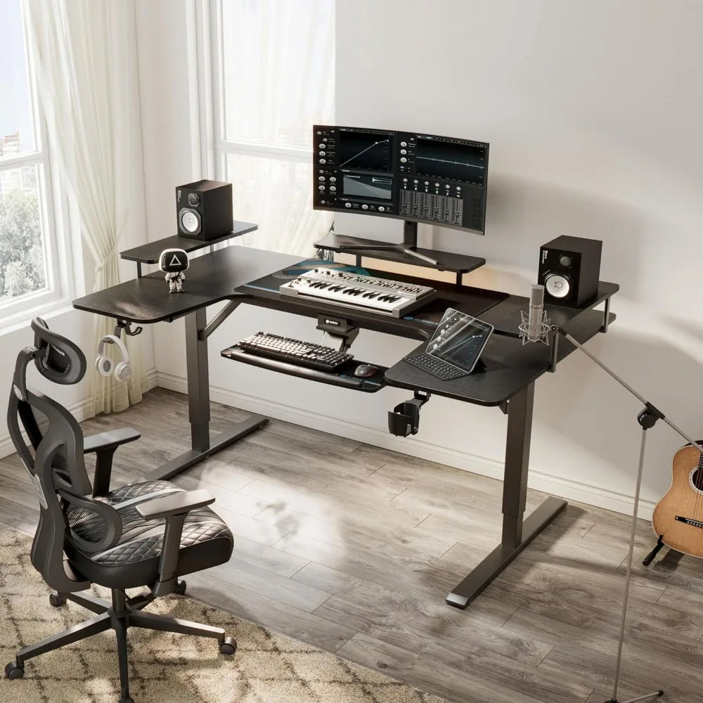 U-Shaped 74-Inch Electric Standing Desk with Keyboard Tray & Dual Monitor Setup