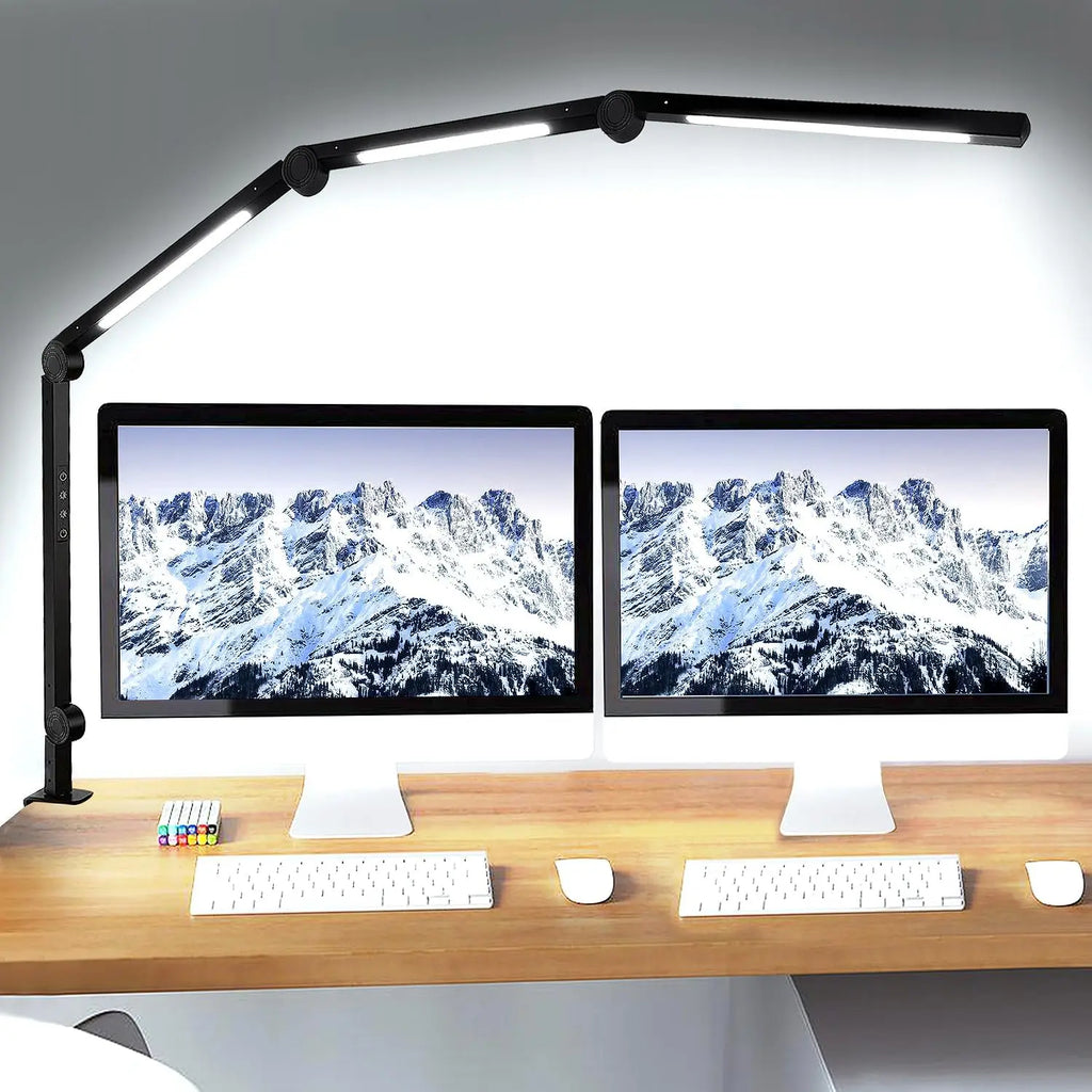 LED Desk Lamp with Clamp – 4-Section Swing Arm, 3 Light Sources, 4 Color Modes, Touch Control