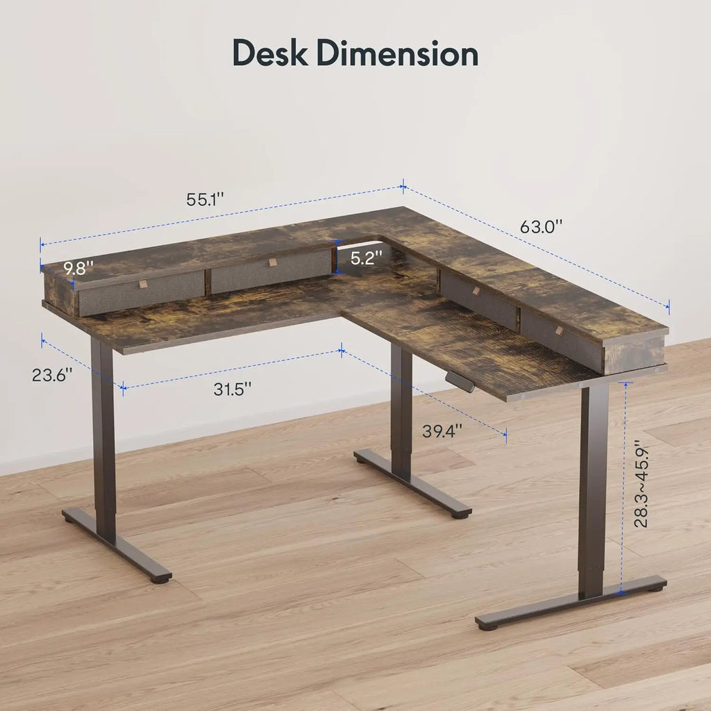 63" L-Shaped Electric Standing Desk with 4 Drawers, Shelf & Adjustable Height