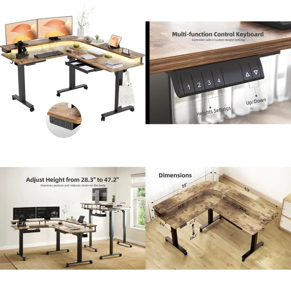 63" L-Shaped Electric Standing Desk with Drawer, LED Lighting & Adjustable Height