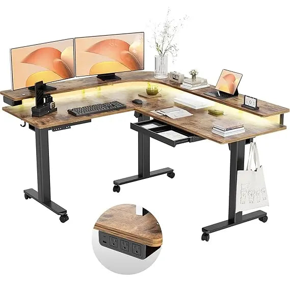 63" L-Shaped Electric Standing Desk with Drawer, LED Lighting & Adjustable Height