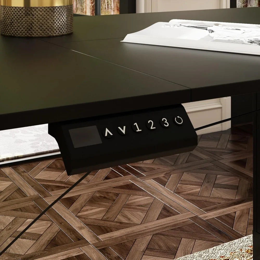 Home Office Electric Standing Desk with Drawers & Shelves, Adjustable Height, Reversible Shape