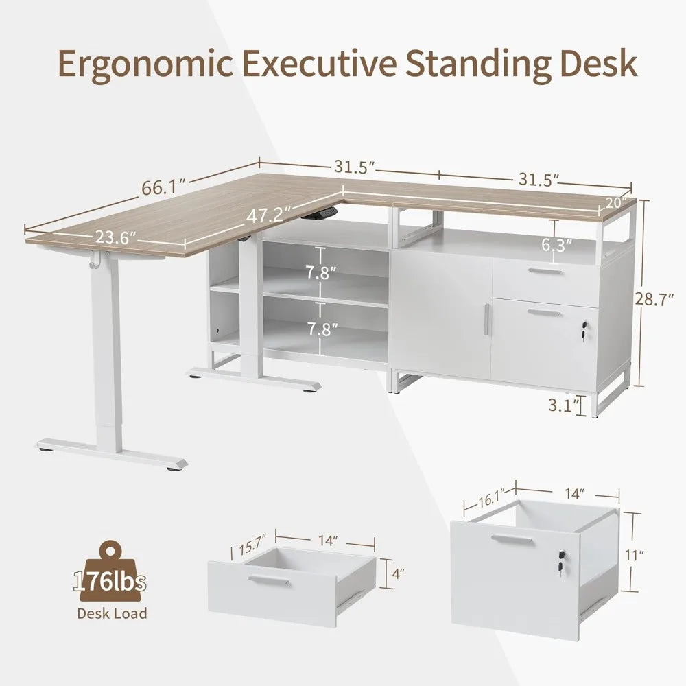Electric L-Shaped Standing Desk with Storage, Adjustable Executive Desk in Walnut Finishes