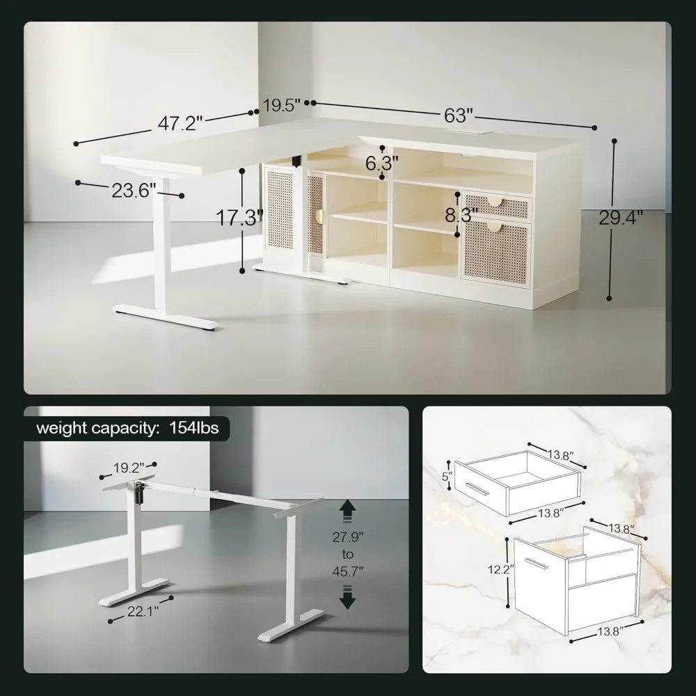 67" L-Shaped Standing Desk with Dual Storage Cabinets, AC/USB Ports & Height Adjustment