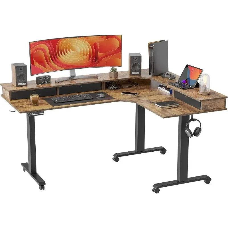 L-Shaped Electric Standing Desk with Drawers, 3-Motor Lift System
