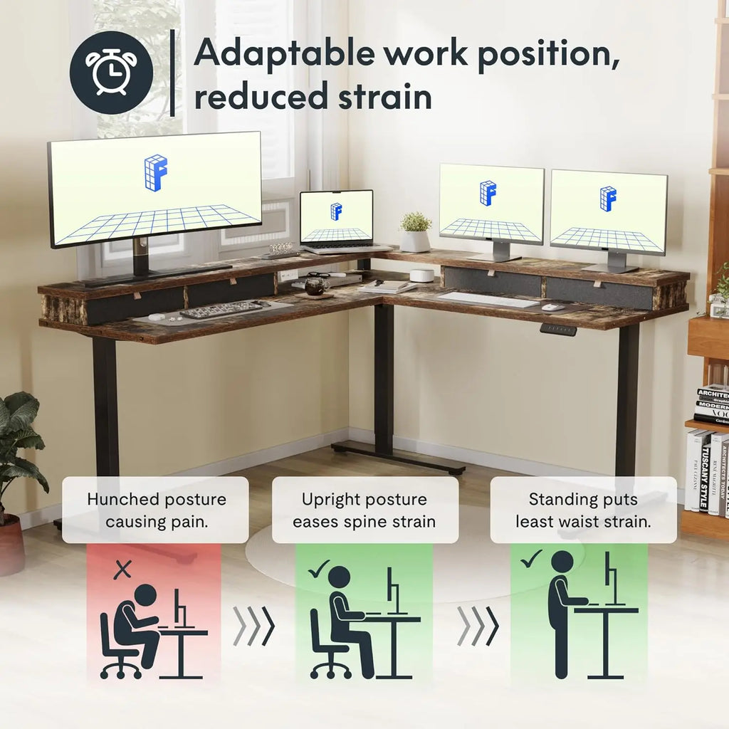63" L-Shaped Electric Standing Desk with 4 Drawers, Shelf & Adjustable Height