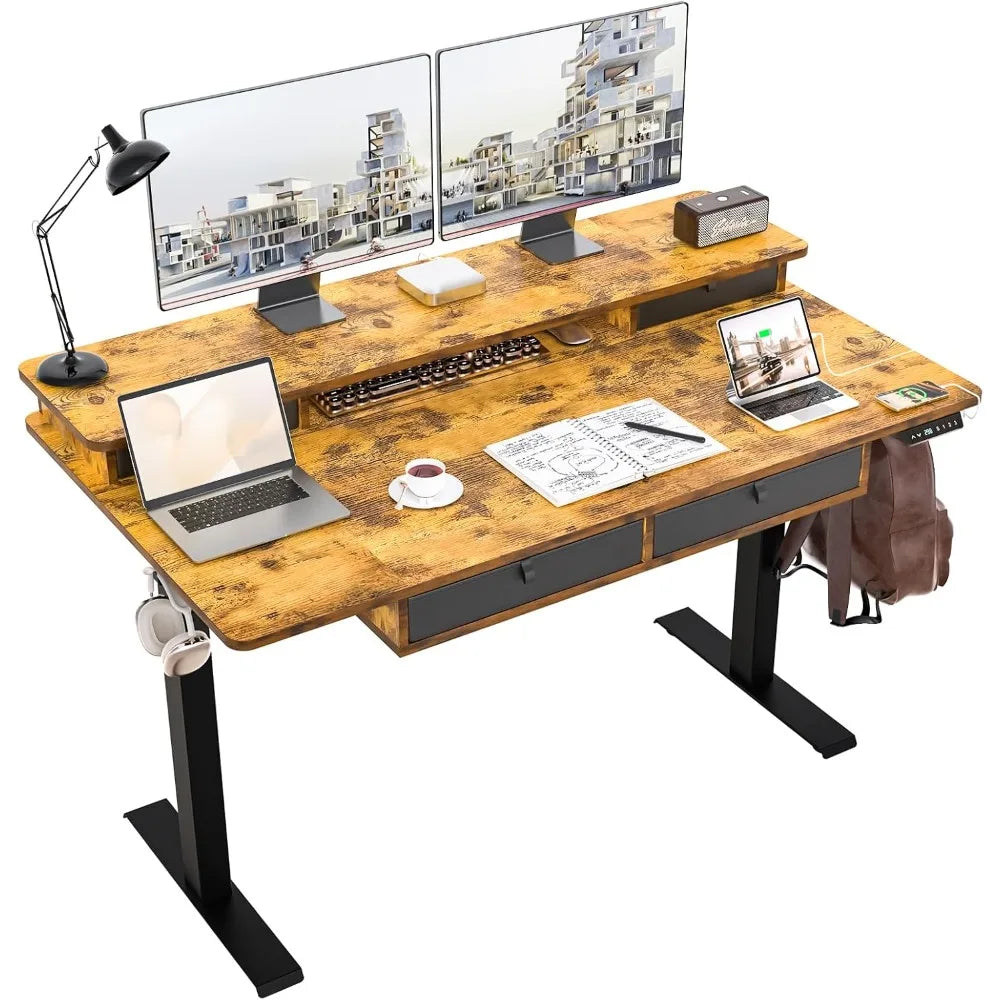 55x30 Inch Electric Standing Desk with 4 Drawers & Dual Storage Shelves