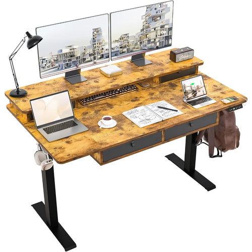 55x30 Inch Electric Standing Desk with 4 Drawers & Dual Storage Shelves