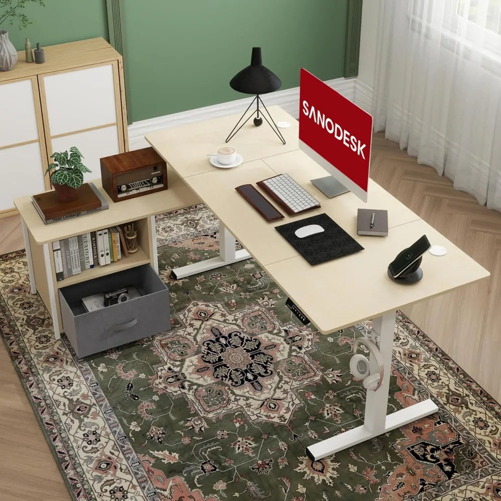 63" L-Shaped Electric Standing Desk with 2 File Drawers, USB Ports & Adjustable Height