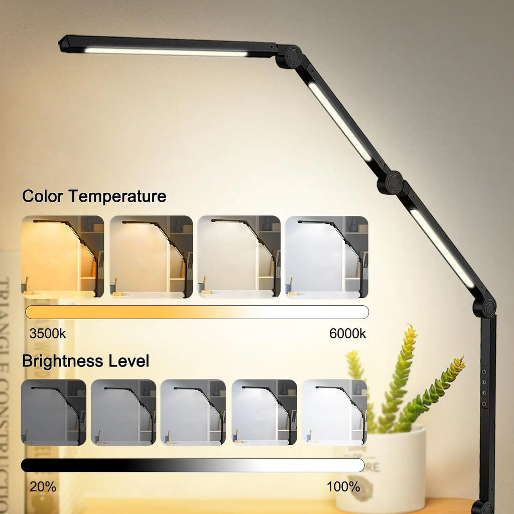 LED Desk Lamp with Clamp – 4-Section Swing Arm, 3 Light Sources, 4 Color Modes, Touch Control