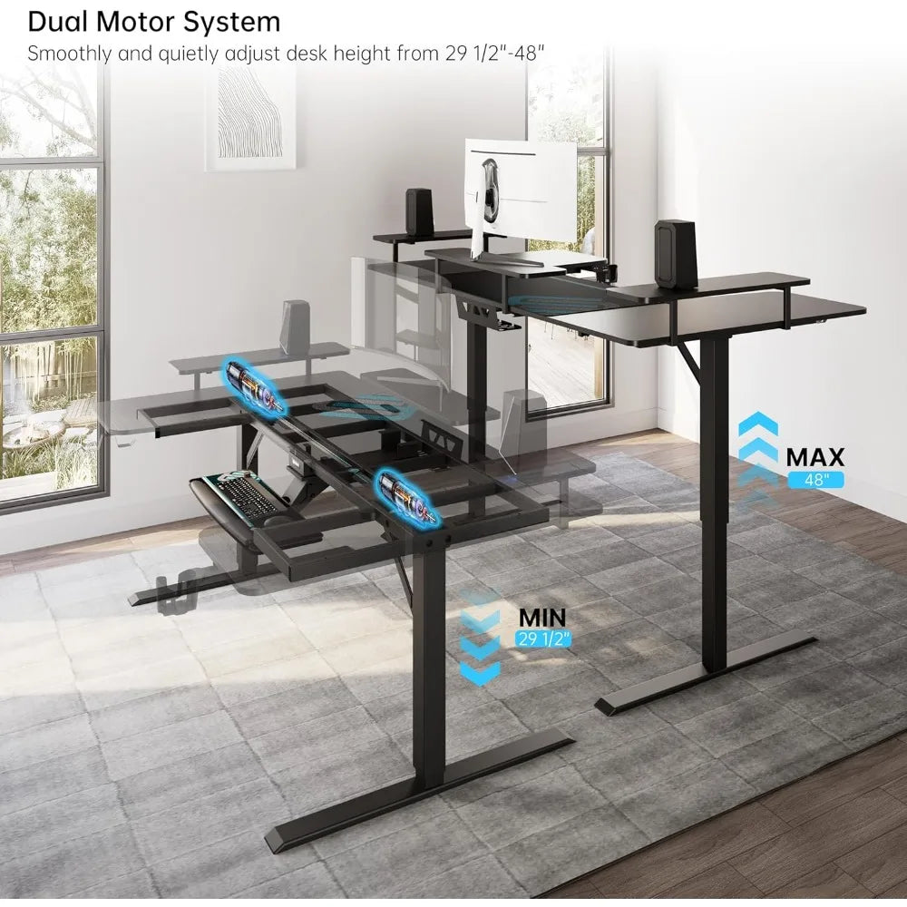 U-Shaped 74-Inch Electric Standing Desk with Keyboard Tray & Dual Monitor Setup