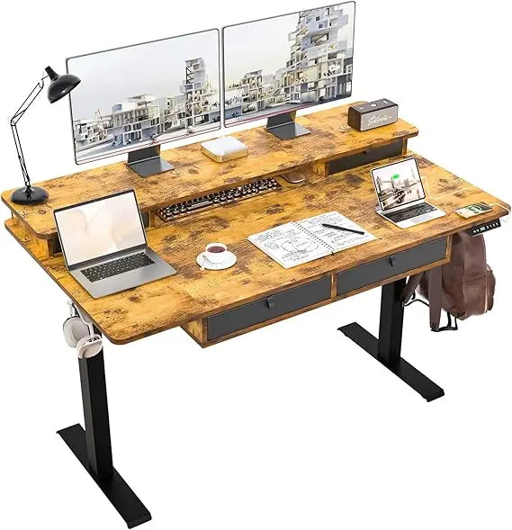 55x30 Inch Electric Standing Desk with 4 Drawers & Dual Storage Shelves