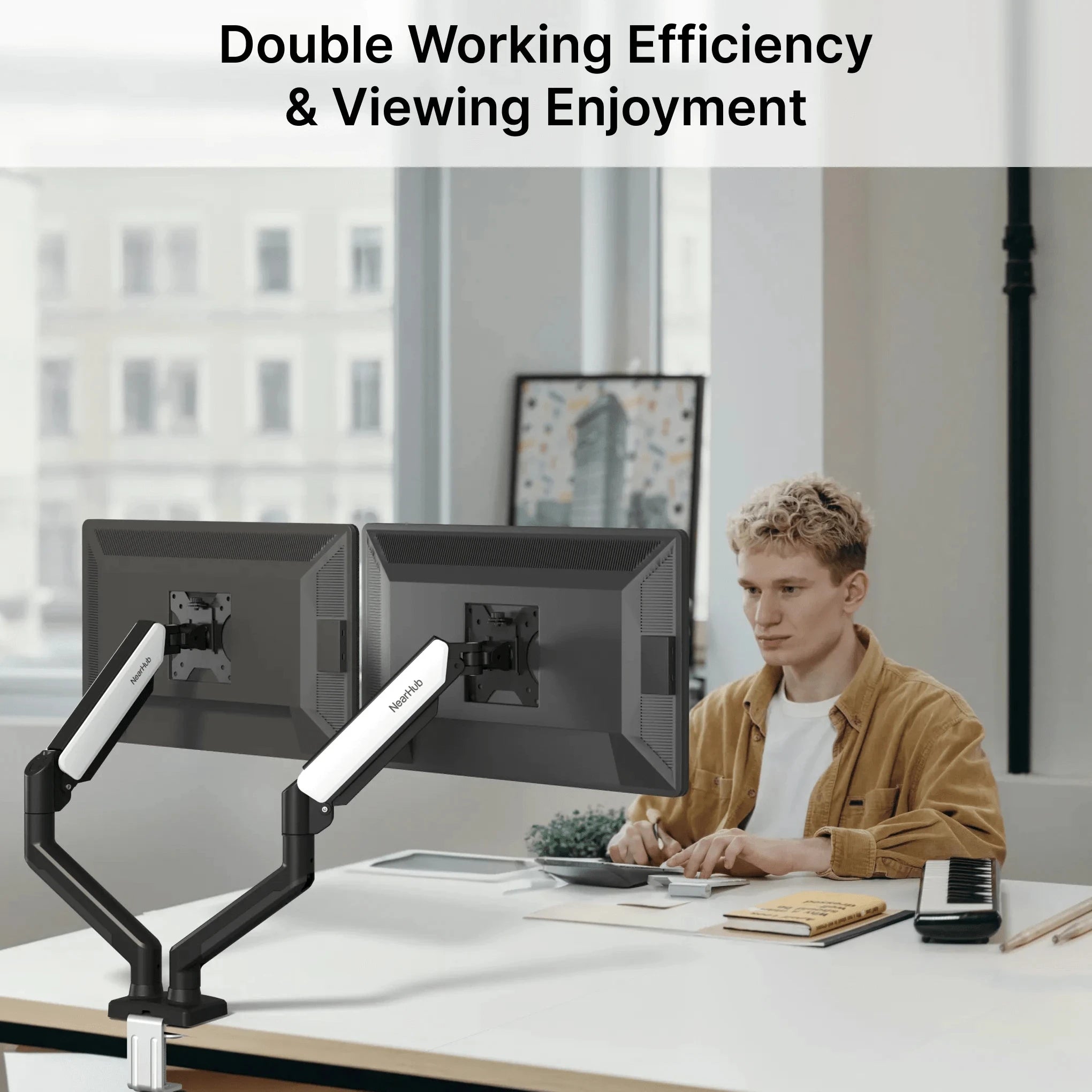 13–32 Inch Dual Arm Monitor Stand | Adjustable Desk Mount with C-Clamp and Grommet Base