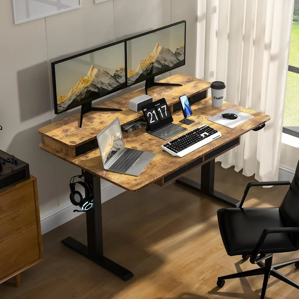 55x30 Inch Electric Standing Desk with 4 Drawers & Dual Storage Shelves