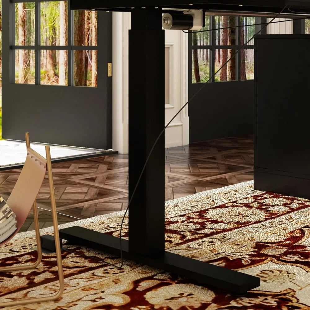 Home Office Electric Standing Desk with Drawers & Shelves, Adjustable Height, Reversible Shape