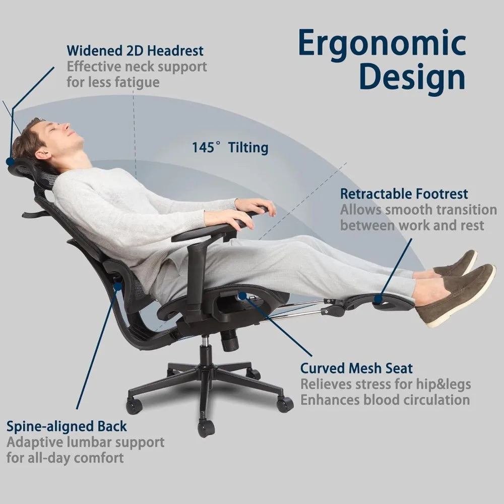 Adjustable Ergonomic Office Chair with Footrest – Mesh Comfort and 5D Armrests
