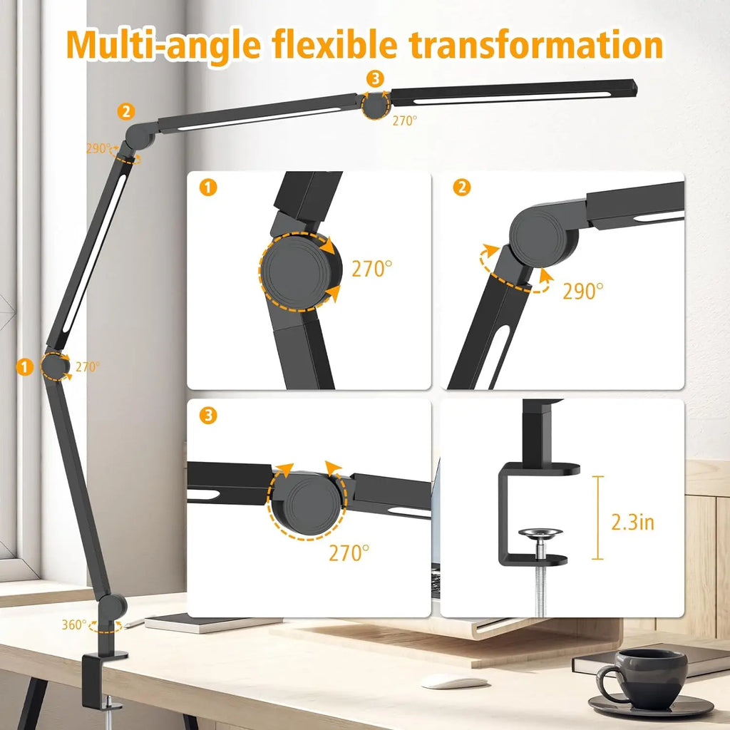 LED Desk Lamp with Clamp – Flexible Arm, 3 Light Sources, 4 Color Modes, Dimmable & Eye-Friendly