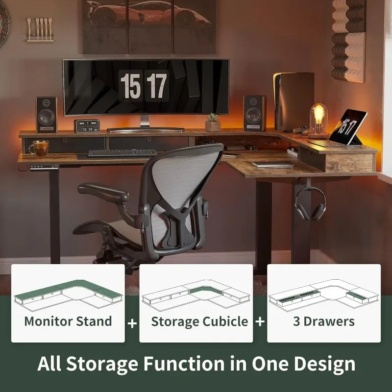 L-Shaped Electric Standing Desk with Drawers, 3-Motor Lift System