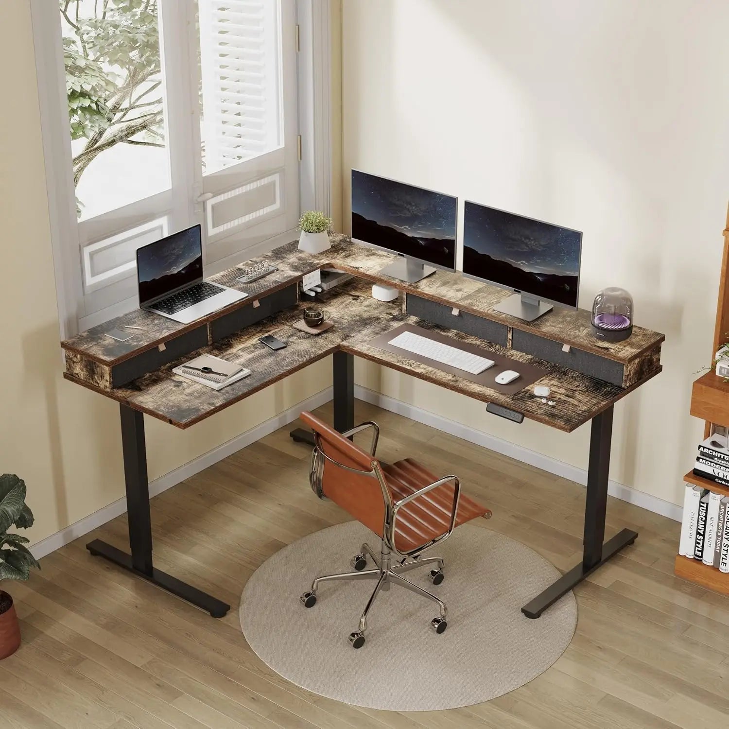 63" L-Shaped Electric Standing Desk with 4 Drawers, Shelf & Adjustable Height