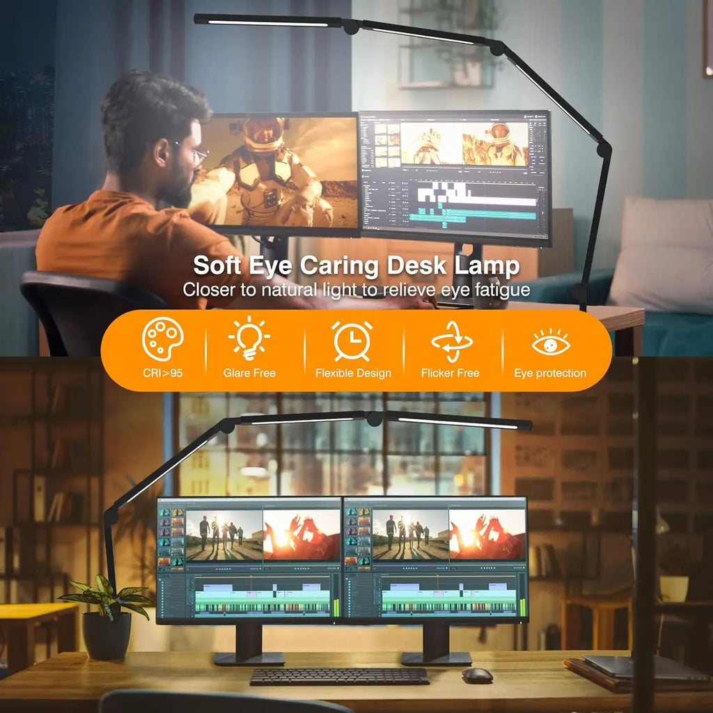 LED Desk Lamp with Clamp – Flexible Arm, 3 Light Sources, 4 Color Modes, Dimmable & Eye-Friendly