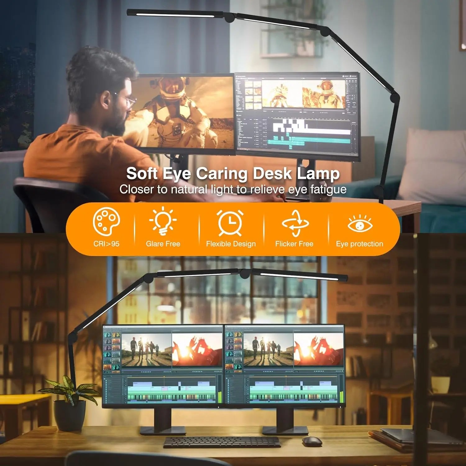 LED Desk Lamp with Clamp – Flexible Arm, 3 Light Sources, 4 Color Modes, Dimmable & Eye-Friendly