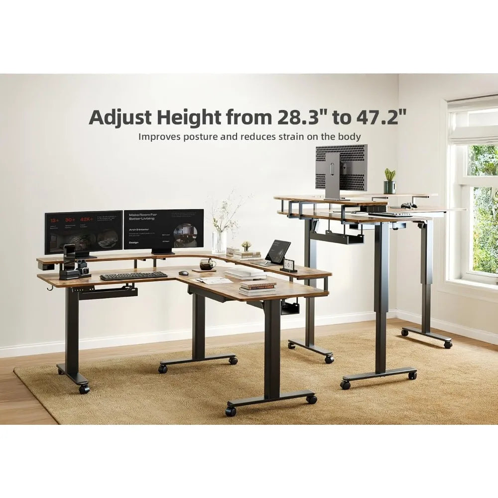 63" L-Shaped Electric Standing Desk with Drawer, LED Lighting & Adjustable Height