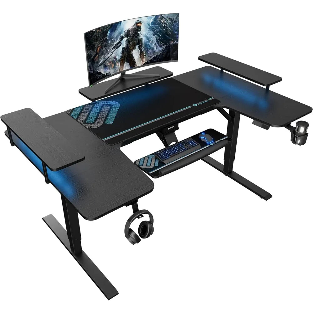 U-Shaped 74-Inch Electric Standing Desk with Keyboard Tray & Dual Monitor Setup
